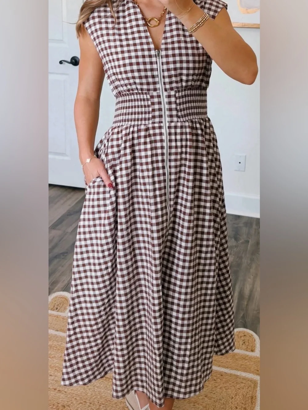 entro Brown and White Gingham Maxi Dress with Front Zip - Picture 4 of 5